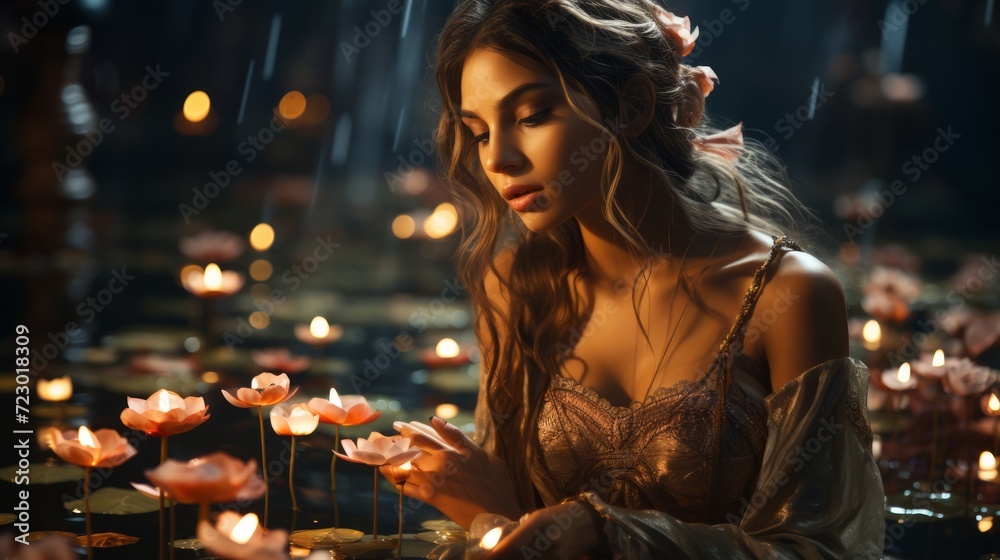 Young beautiful Indian woman holding a lit candle for Indian Festival Diwali. Neural network AI generated art Young beautiful Indian woman holding a lit candle for Indian Festival Diwali. Neural network AI generated art
