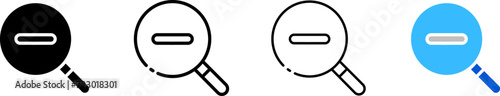 Minus inside magnifying glass icon set. Silhouette, linear, and flat style. Vector icons.