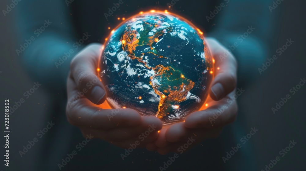 Fototapeta premium Hands holding globe. Technology protect earth, cloud network. Abstract technology science background. Sphere shields protect. Global network and technology. 