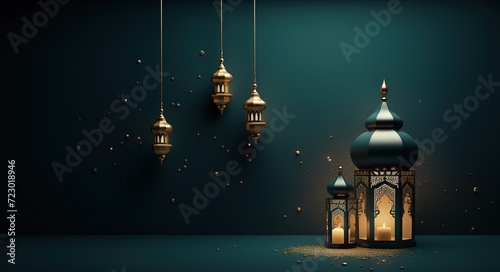 Islamic and Arabic lanterns with burning candles glowing in the dark. Festive greeting card, invitation for Muslim holy month Ramadan Kareem