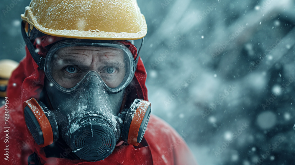 Man Wearing Gas Mask in Snowstorm Man Wearing Gas Mask in Snowstorm