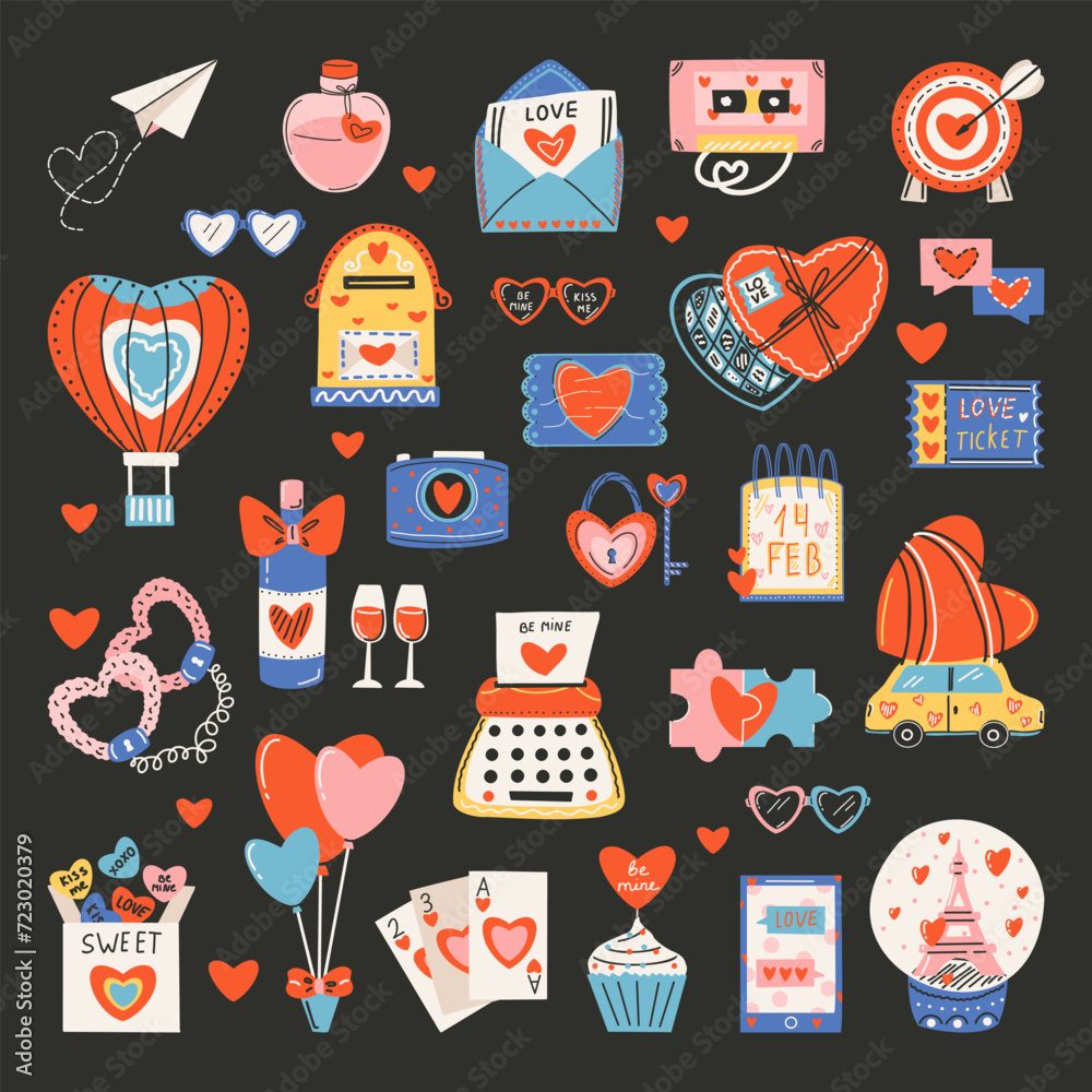 Set of elements for St. Valentine's Day, bottle with a love potion, typewriter, mailbox, cassette, heart shaped lock and key. Symbol of love, romance. Set of elements for St. Valentine's Day, bottle with a love potion, typewriter, mailbox, cassette, heart shaped lock and key. Symbol of love, romance.