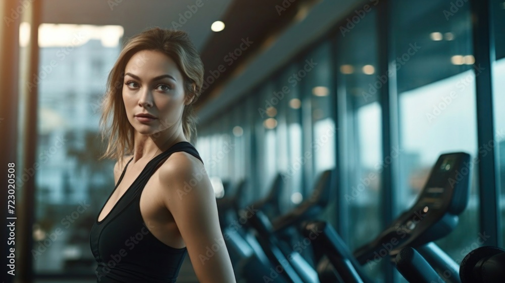 a lady engaged in an intense workout with a modern, well-equipped gym a lady engaged in an intense workout with a modern, well-equipped gym