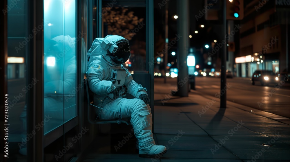 Cosmic Solitude, Astronaut Contemplating at Night Bus Stop - obrazy, fototapety, plakaty 
