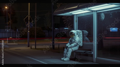 Cosmic Solitude, Astronaut Contemplating at Night Bus Stop