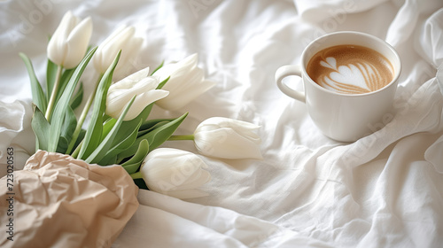 Elegant White Tulips and Coffee on Linen. Pristine white tulips wrapped in paper next to a cup of coffee on a linen backdrop. #723020563