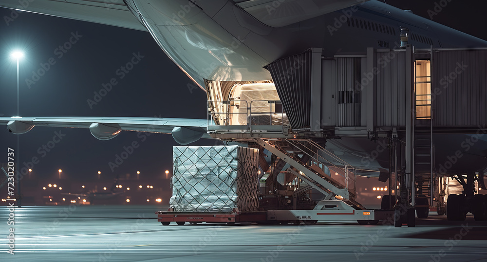 Nocturnal Cargo Loading at the Airport. Freight being loaded onto a plane at night. - obrazy, fototapety, plakaty 