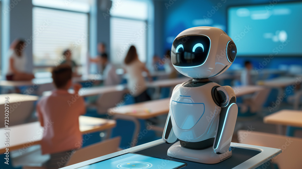 Robot Teacher Assisting in Modern Classroom. A futuristic robot teacher with blue digital eyes is present in a classroom full of young students, representing the integration of advanced technology in Robot Teacher Assisting in Modern Classroom. A futuristic robot teacher with blue digital eyes is present in a classroom full of young students, representing the integration of advanced technology in