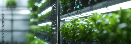 Robotic Agriculture Interface in Hydroponic Farm. High-tech robot monitors lush greenery in a vertical hydroponic farm. photo
