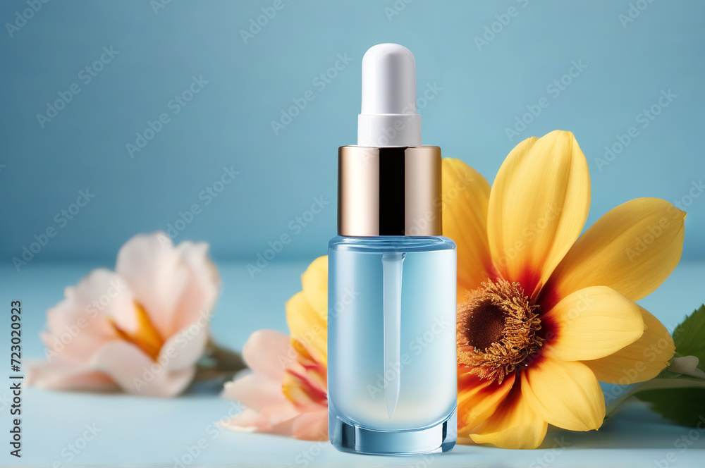 Cosmetic Serum Face Care on Blue Background with Flowers - Woman's Day Close-Up Cosmetic Serum Face Care on Blue Background with Flowers - Woman's Day Close-Up