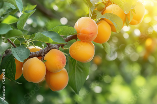ripe apricots on a tree close up at sunset
