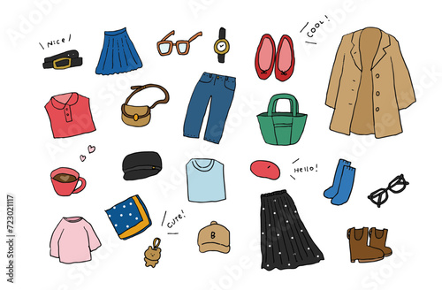 ファッション　服　女性　小物　セット　イラスト