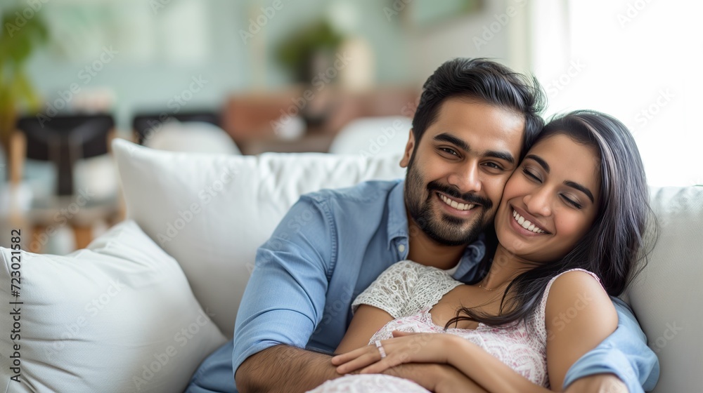 Celebrating Parenthood, Happy Indian Couple Embracing at Home