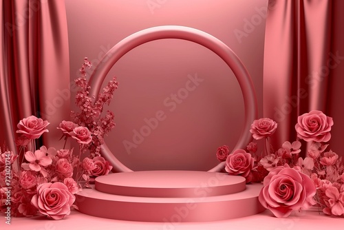Wallpaper Mural Podium for products presentation pink and red colors, with luxury background, roses theme Torontodigital.ca
