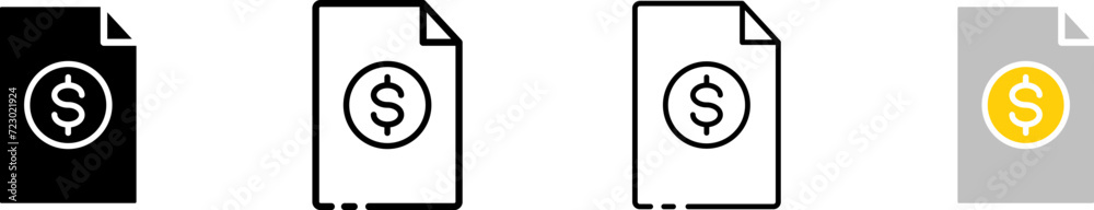 Dollar on page icon set. Silhouette, linear, and flat style. Vector icons. Dollar on page icon set. Silhouette, linear, and flat style. Vector icons.