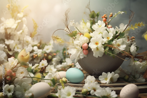 Beautiful Easter season home decor. Easter background with colorful flowers and painted easter eggs. Uplifting and bright greeting card concept. 