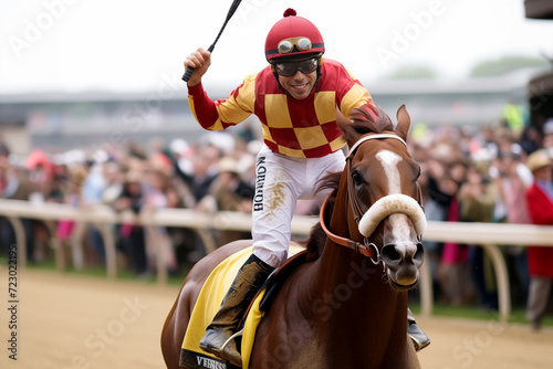 Generative AI image of male jockey in motion on a racing horse at the hippodrome, focus on the intensity of the race © ADDICTIVE STOCK CORE