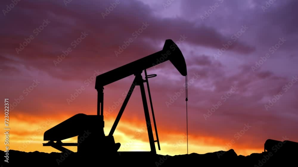 Shot of onshore oilfield digging head over sunset sky. Drilling rig ...