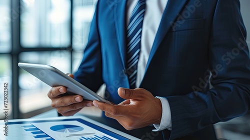 Professional economist in suit analyzing business data on a tablet. Doing business. 