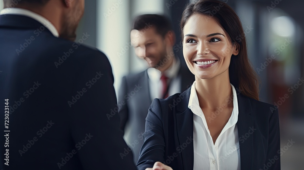 Smiling young businesswoman shaking hands with a coworker during a meeting. Business cooperation. Agree to work together Smiling young businesswoman shaking hands with a coworker during a meeting. Business cooperation. Agree to work together