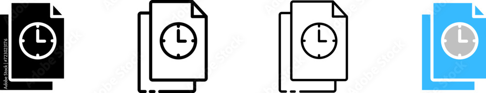 Document with clock icon set. Silhouette, linear, and flat style. Vector icons. Document with clock icon set. Silhouette, linear, and flat style. Vector icons.