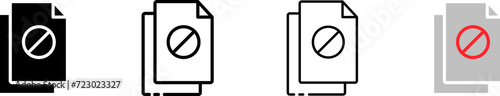 Double document icon set. Circle prohibition. Silhouette, linear, and flat style. Vector icons.