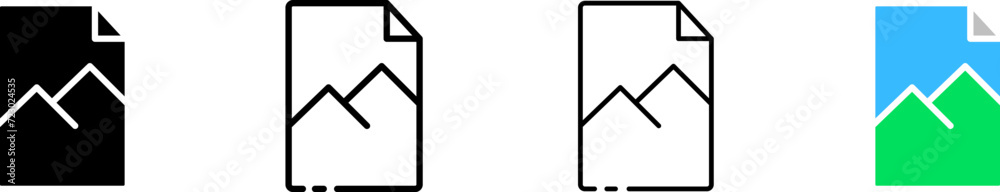 Gallery button icon set. Landscape button. Silhouette, linear, and flat style. Vector icons. Gallery button icon set. Landscape button. Silhouette, linear, and flat style. Vector icons.