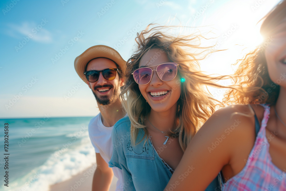 Friends having a good time at the beach in summer time