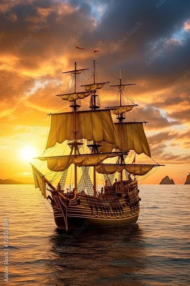 Sailing into History - sailing ship in the open sea at sunset.