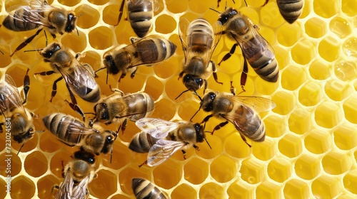 A bustling hive, bees working together to create perfect honeycombs.