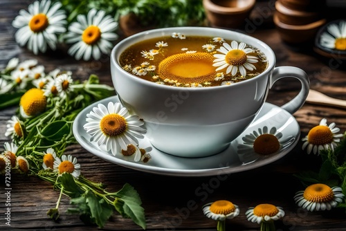Relax with a white cup of chamomile tea, accompanied by delicate chamomile flowers—enjoy the calming essence of this delightful beverage