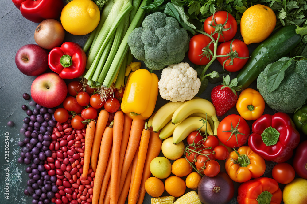 Colorful vegetables and fruits vegan food in rainbow colors. Assortment of Fruits and Vegetables Background. Piles of colorful, fresh fruits and vegetables create vibrant panorama of an anticancer die Colorful vegetables and fruits vegan food in rainbow colors. Assortment of Fruits and Vegetables Background. Piles of colorful, fresh fruits and vegetables create vibrant panorama of an anticancer die