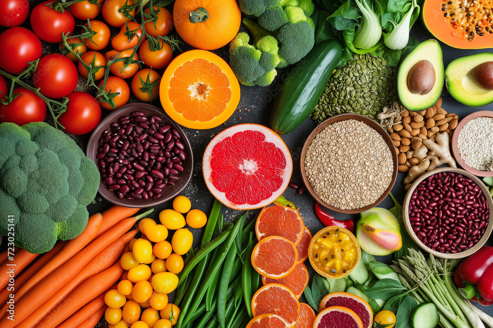 Colorful vegetables and fruits vegan food in rainbow colors. Assortment ...