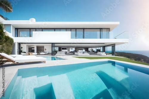 A luxurious villa with a modern white house  featuring a pool and stunning sea view landscape