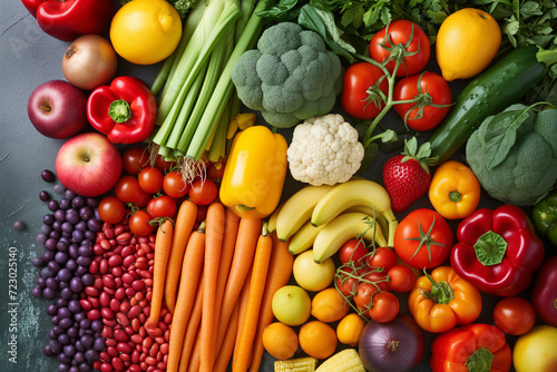 Colorful vegetables and fruits vegan food in rainbow colors. Assortment of Fruits and Vegetables Background. Piles of colorful, fresh fruits and vegetables create vibrant panorama of an anticancer die
