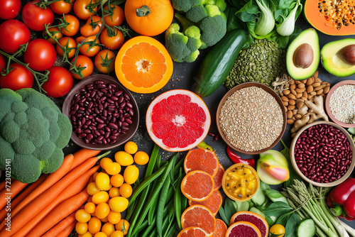 Colorful vegetables and fruits vegan food in rainbow colors. Assortment of Fruits and Vegetables Background. Piles of colorful, fresh fruits and vegetables create vibrant panorama of an anticancer die