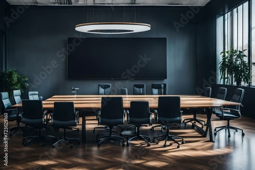 Unleash potential in an office room with an empty table, seats, and a blank TV for presentations