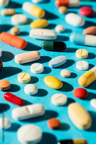Colorful medicine, tablets, pills and capsules on blue background