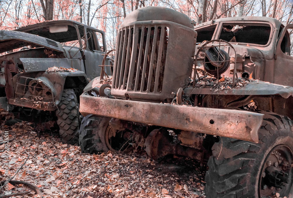 two abandoned army trucks in the Chernobyl forest