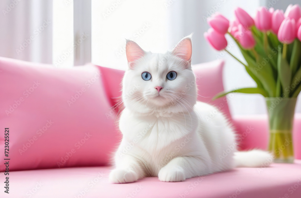 white cat with blue eyes lies on the sofa with bouquets of pink tulips and looks at the camera