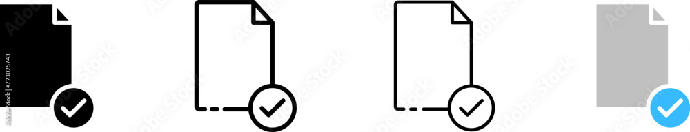 Checkmark on file button icon set. Silhouette, linear, and flat style ...