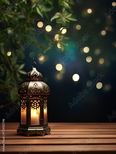 Arabic lantern on a wooden table full of clouds with a background of leaves at night and the moon, copy space - generative ai