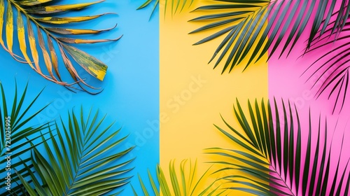 Tropical palm leaves painted with unusual colors and a bold  colorful background.