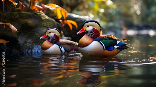 Mandarin Duck swimming in a autumn pond closeup