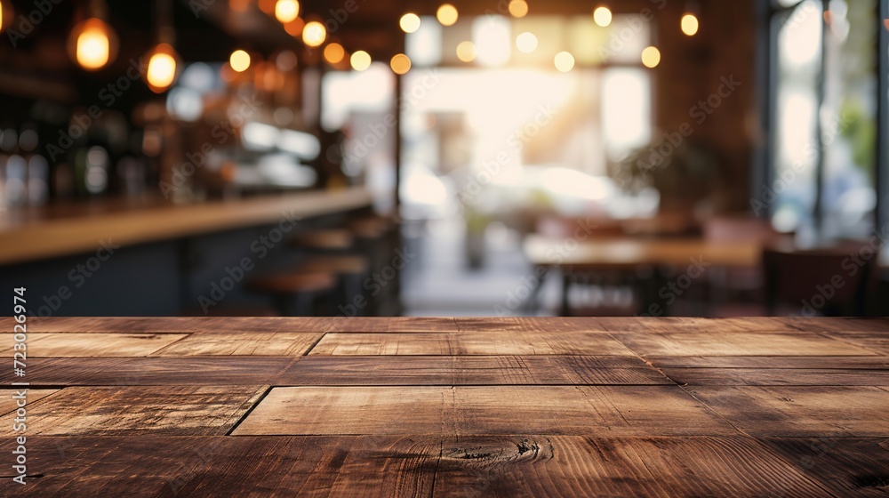 Warm light bathes the rustic wooden tables and exposed brick walls of a cozy restaurant interior.