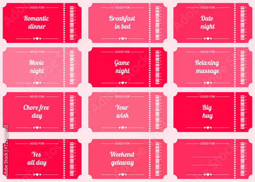 set of love coupons, ticket template, gift ideas for boyfriend and girlfriend, wife and husband, admit one, st valentines day, anniversary