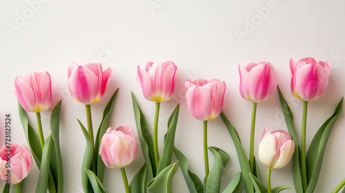 flat lay of pink tulips on background photo