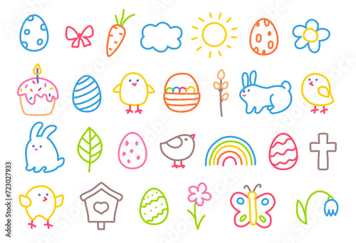 Passover set. Easter sketch set. Cute kid colored scribble doodle icons. Rabbit, Easter egg, chicken, Easter cake, butterfly, flower, rainbow children drawing style. Hand drawn childish funny vector.