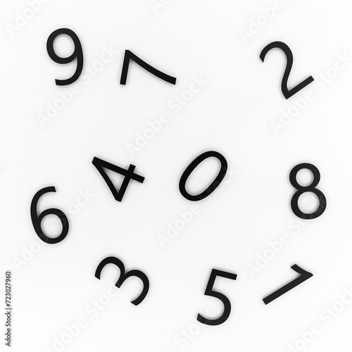 Black numbers from 0 to 9 on a white background, top view. Abstract numbers from zero to nine, banner. 3D render