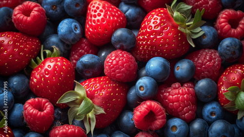 Fresh strawberries and blueberries, presenting a vibrant mix of red and blue fruits, capturing the essence of a delicious and healthy summer dessert , Generative AI 